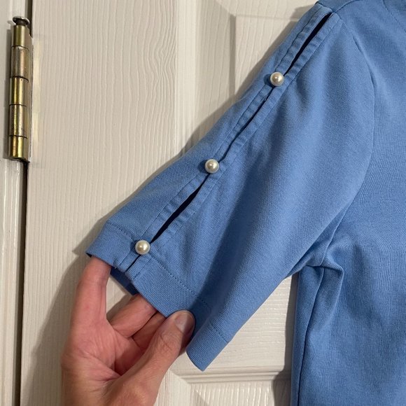 Rafaella Women's Cornflower Blue Boatneck Pearl Closure Short Sleeves Top M - Picture 4 of 5